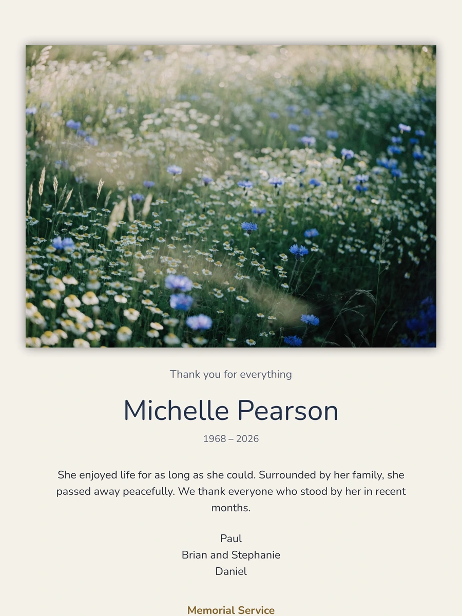 Cornflower meadow funeral card, midnight blue
