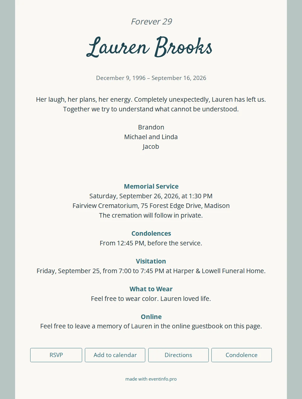Funeral card in sage grey and petrol &ndash; example 1