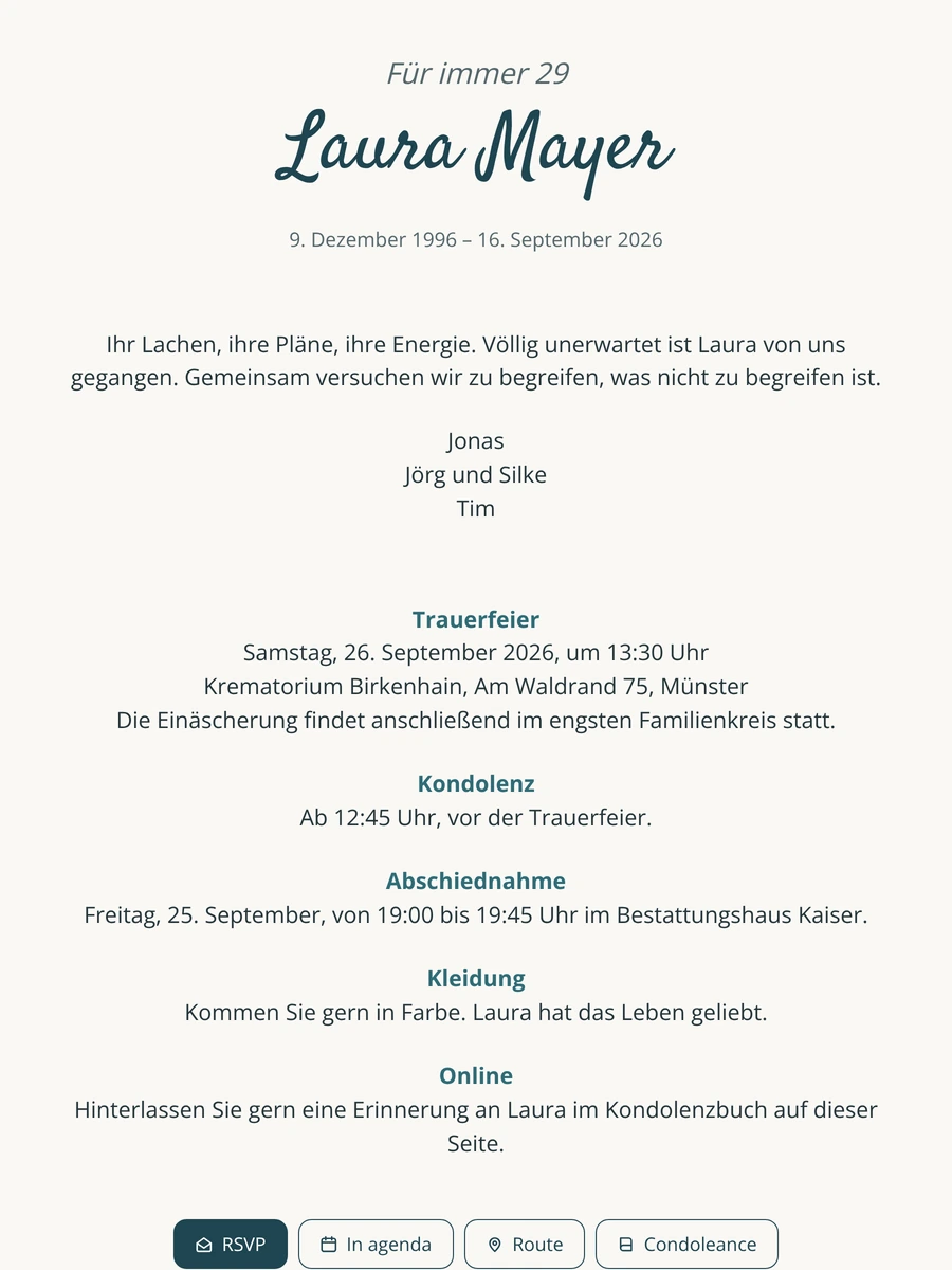 Trauerkarte in Graugr&uuml;n und Petrol