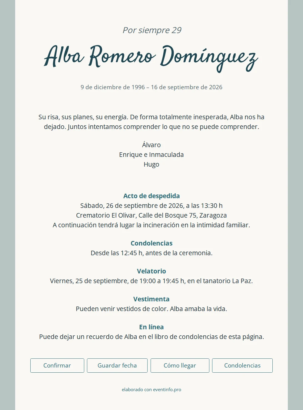 Esquela en verde gris&aacute;ceo y petr&oacute;leo &ndash; example 1