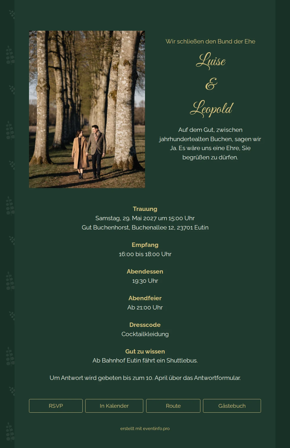 Elegante Gutshof-Hochzeitseinladung in Gr&uuml;n versenden &ndash; example 1