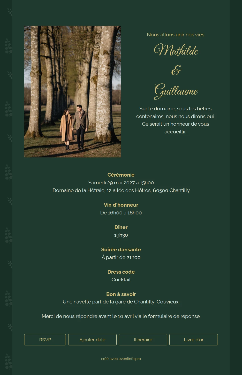 Faire-part de mariage dor&eacute; aux tons forestiers &ndash; example 1