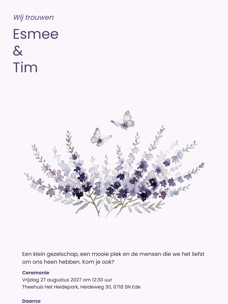 Lila trouwkaart met heide en vlinders
