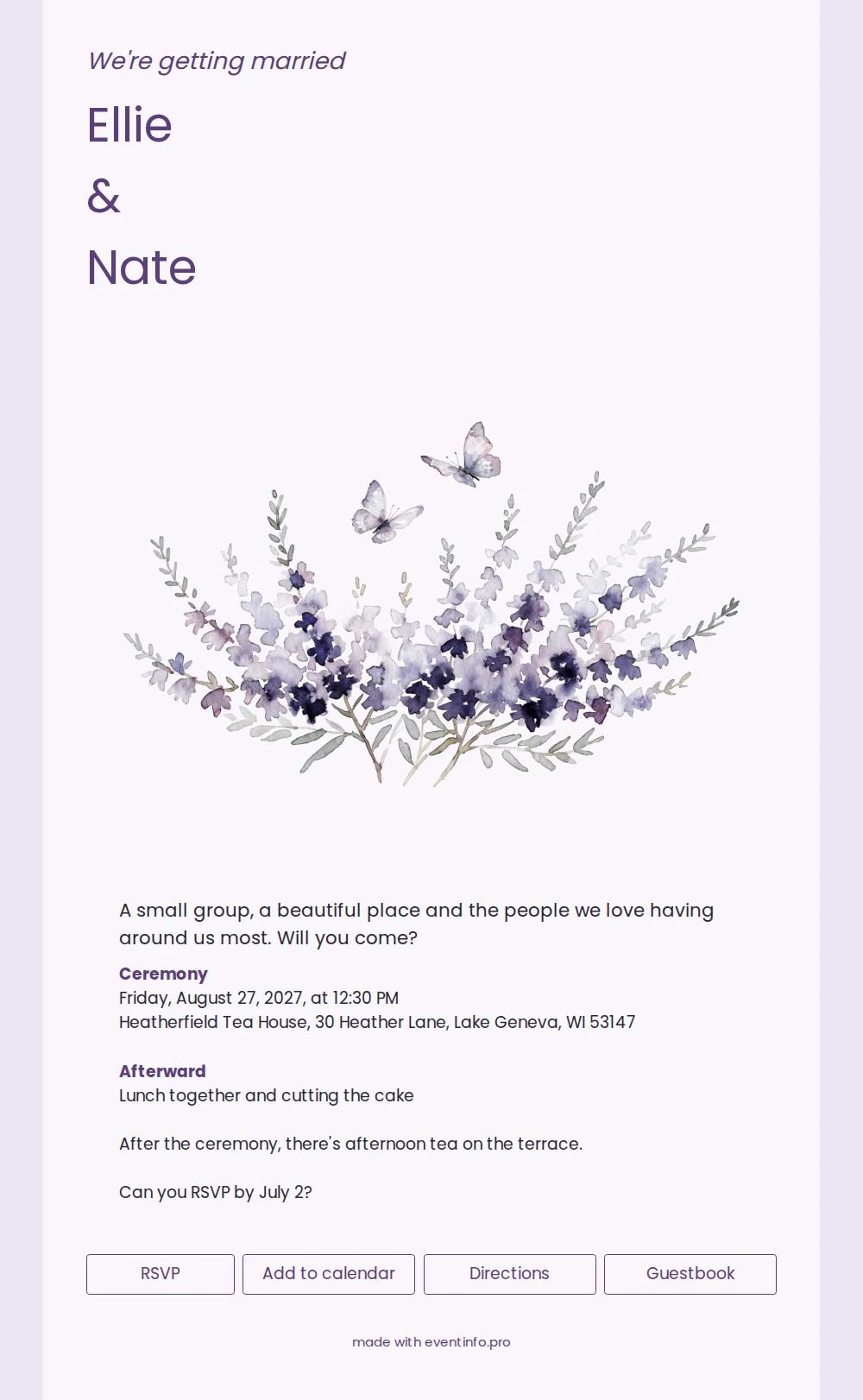 Send a Lavender Watercolor Wedding Invitation &ndash; example 1