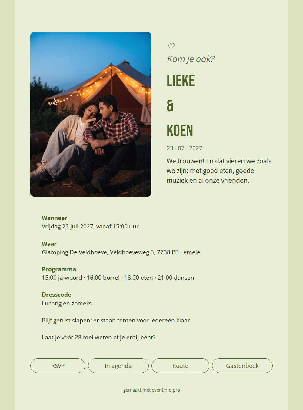 Relaxte zomerbruiloft-trouwkaart in pistachegroen versturen &ndash; example 1