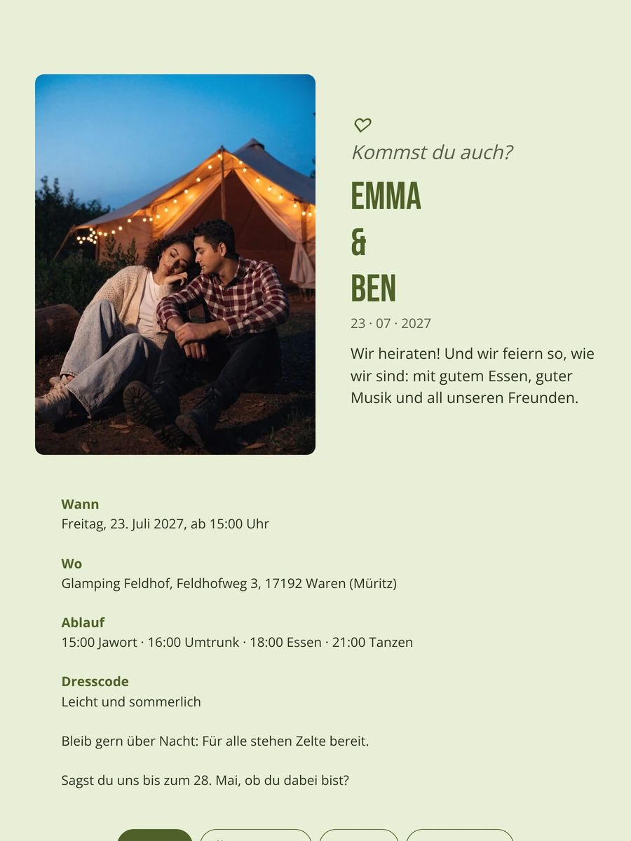 Entspannte Festival-Hochzeitseinladung in Pistaziengr&uuml;n versenden
