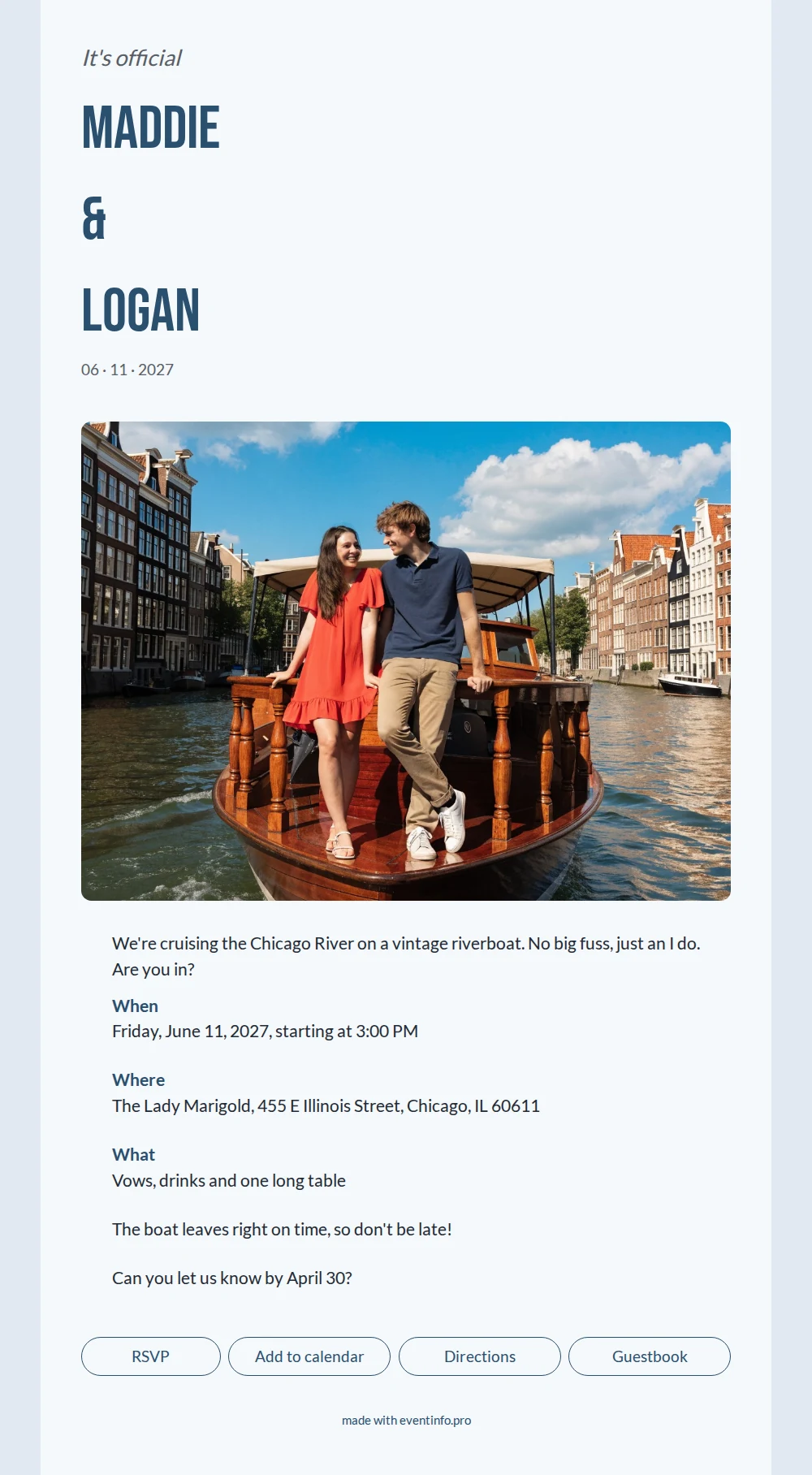 Send a relaxed boat wedding invitation &ndash; example 1