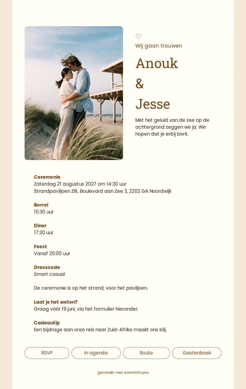 Zandkleurige trouwkaart met duinfoto maken &ndash; example 1