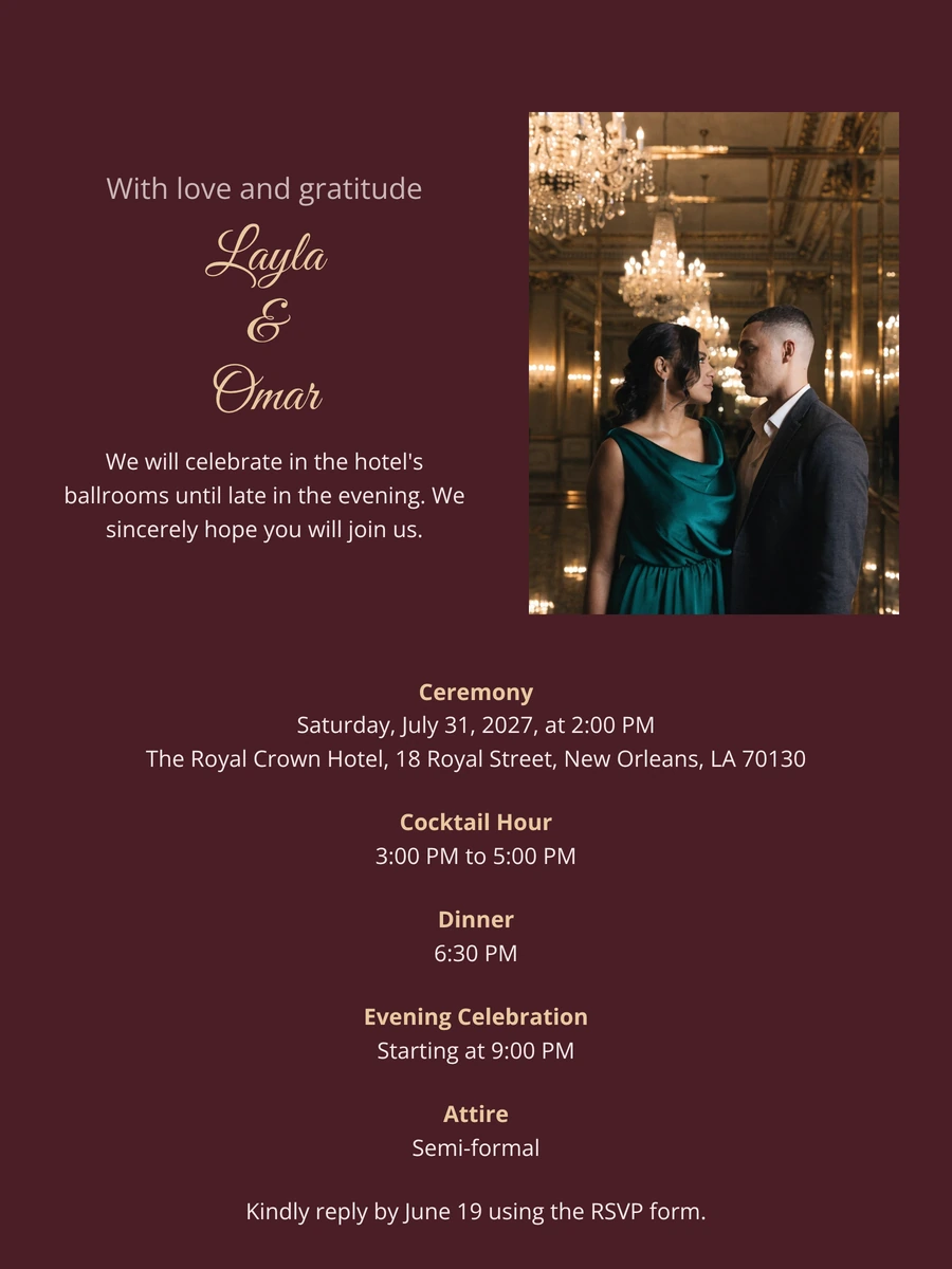 Send an Elegant Hotel Ballroom Wedding Invitation