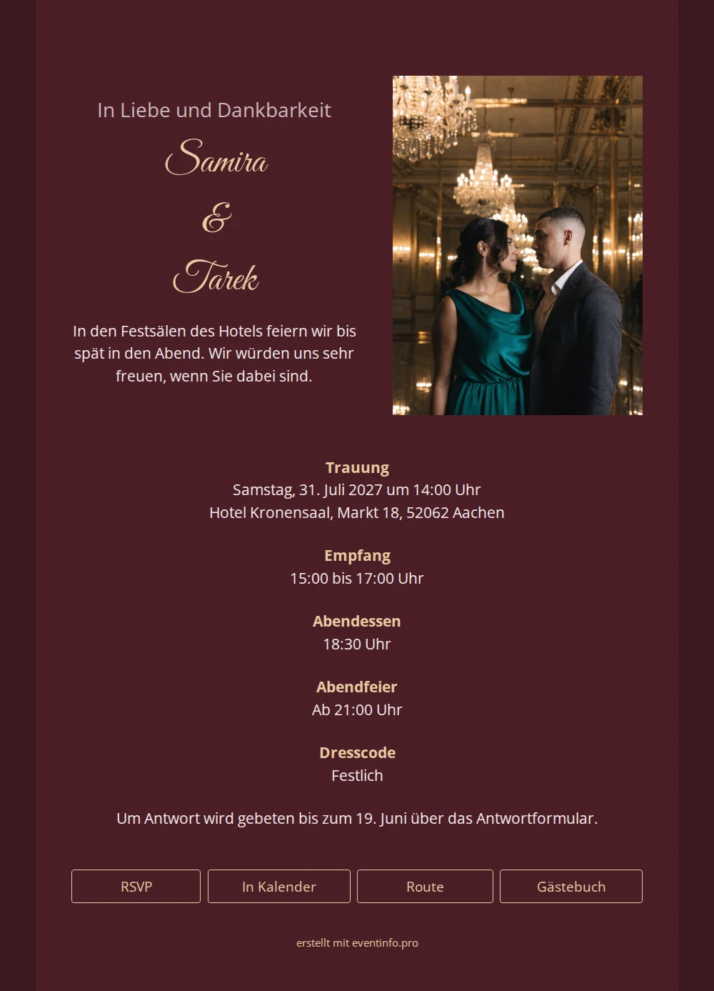 Hochzeitseinladung f&uuml;r eine Hotelhochzeit versenden &ndash; example 1