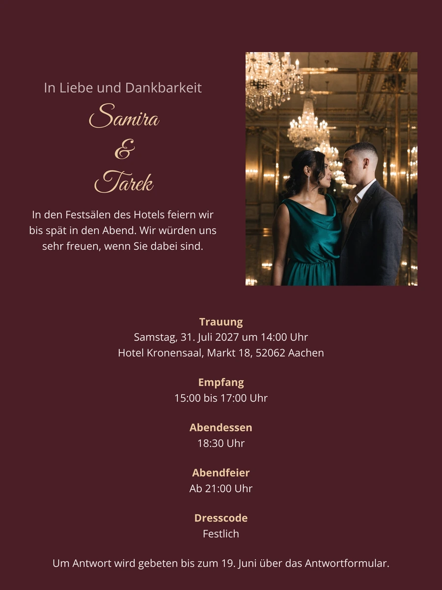 Hochzeitseinladung f&uuml;r eine Hotelhochzeit versenden