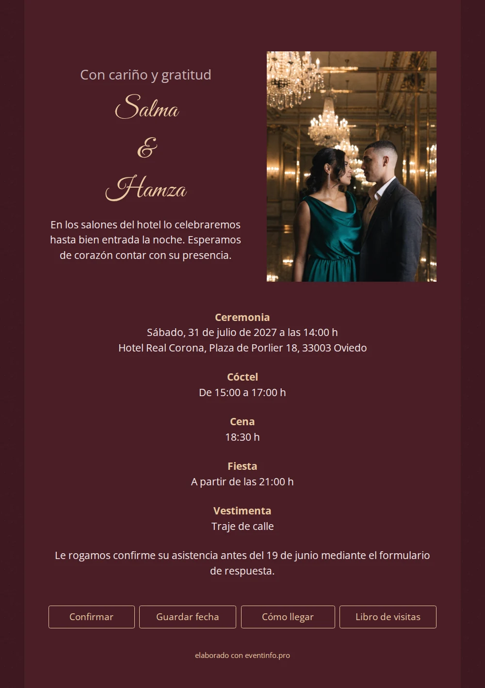 Invitaci&oacute;n de boda color vino para hotel &ndash; example 1