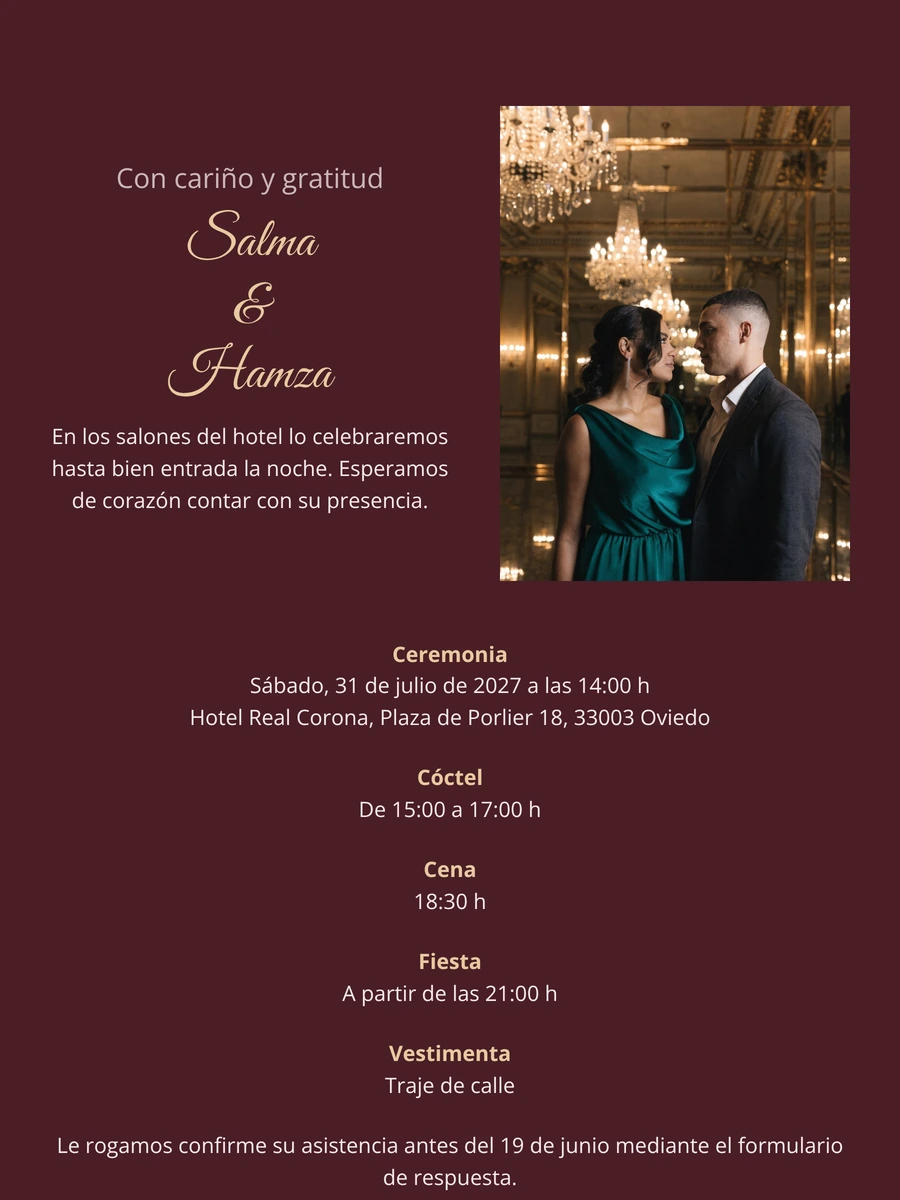 Invitación de boda color vino para hotel