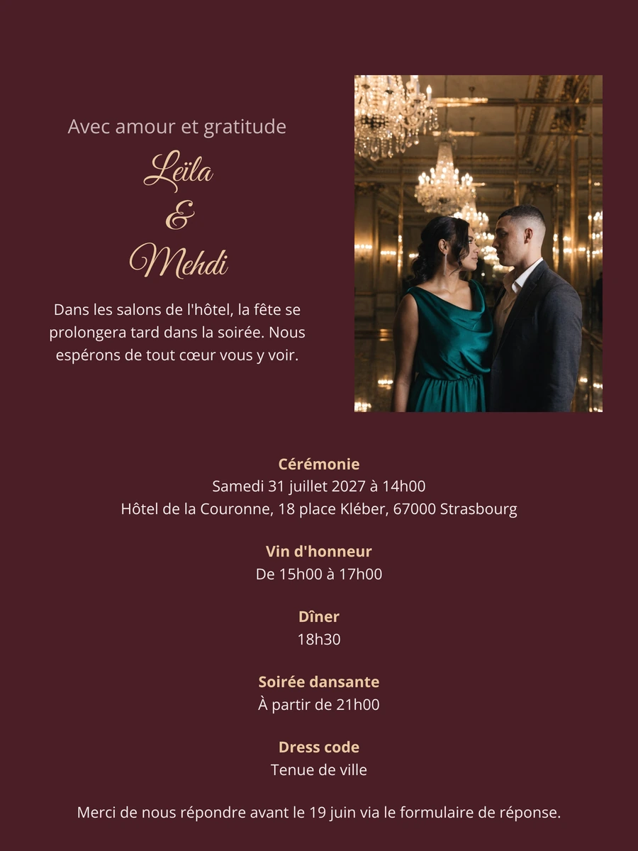 Envoyer un faire-part de mariage lie-de-vin