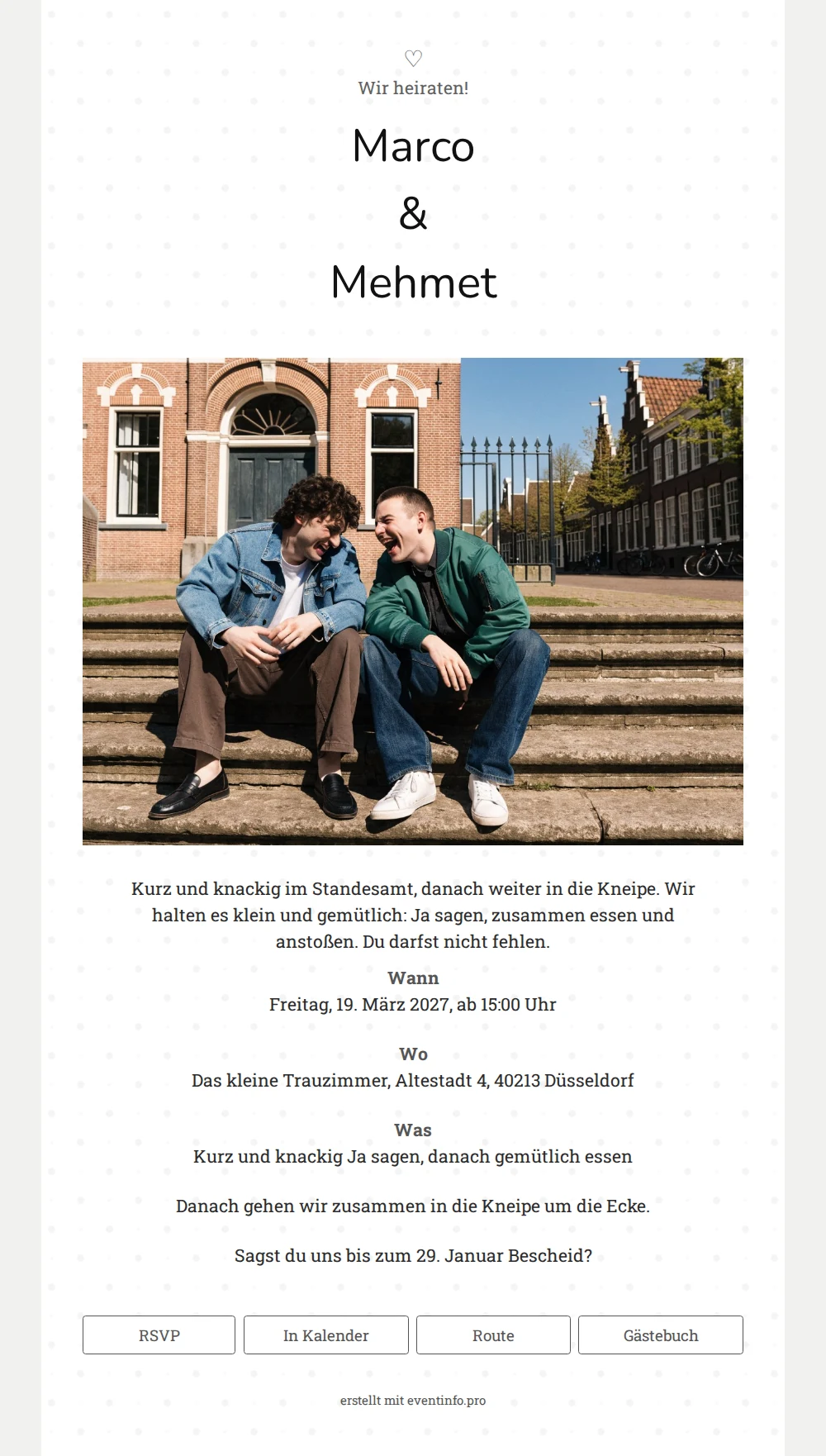 L&auml;ssige Foto-Hochzeitseinladung mit Punkten versenden &ndash; example 1