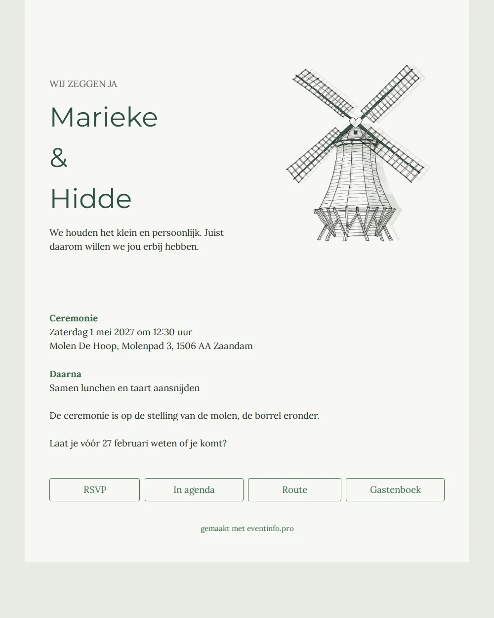 Trouwkaart met molentekening online versturen &ndash; example 1