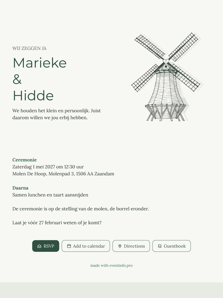 Trouwkaart met getekende molen in saliegroen