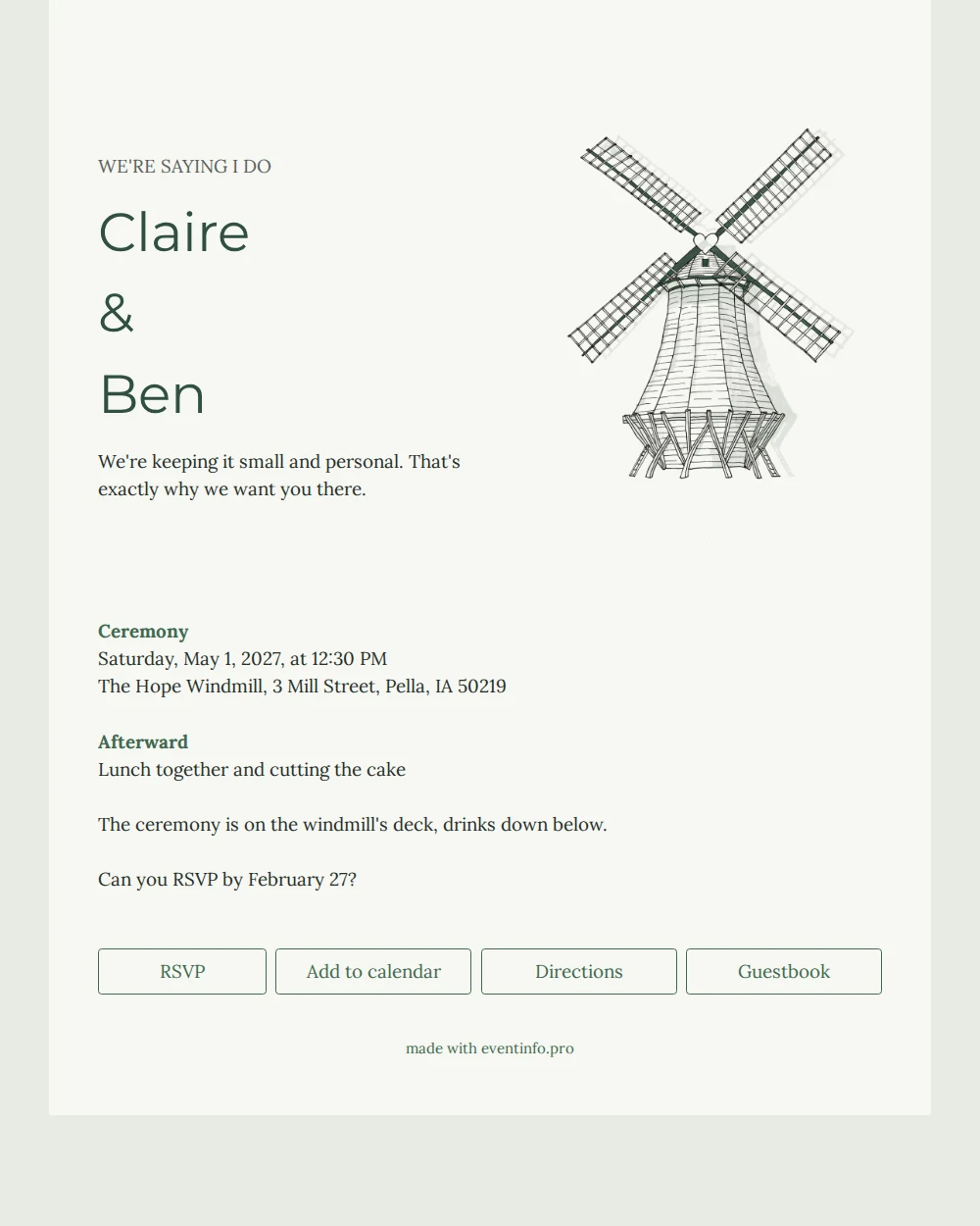 Send a Green Windmill Wedding Invitation &ndash; example 1