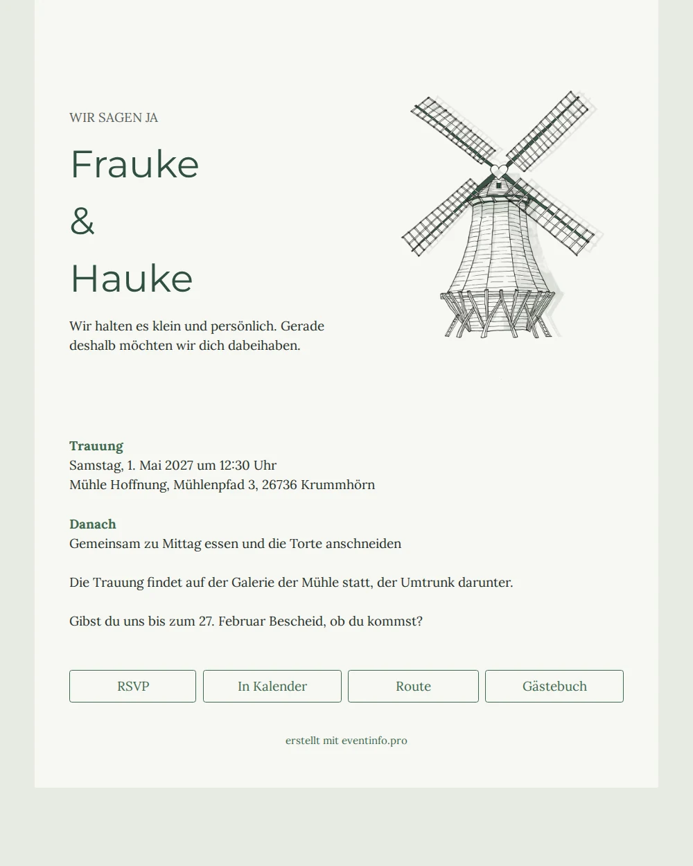 Gr&uuml;ne Hochzeitseinladung mit Windm&uuml;hle versenden &ndash; example 1