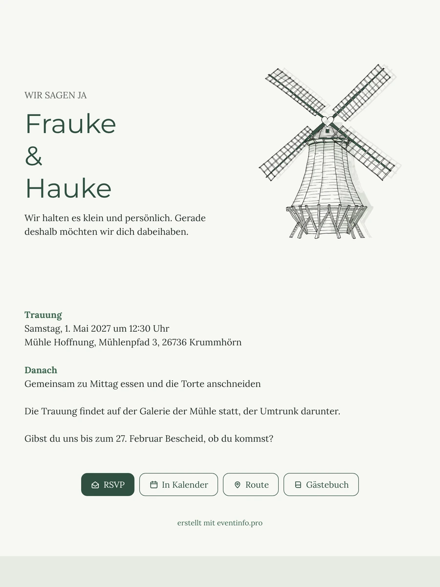 Gr&uuml;ne Hochzeitseinladung mit Windm&uuml;hle versenden