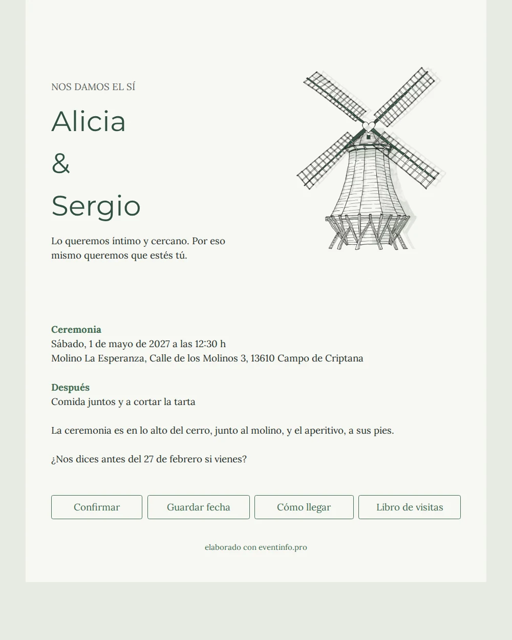 Invitaci&oacute;n de boda verde con molino ilustrado &ndash; example 1