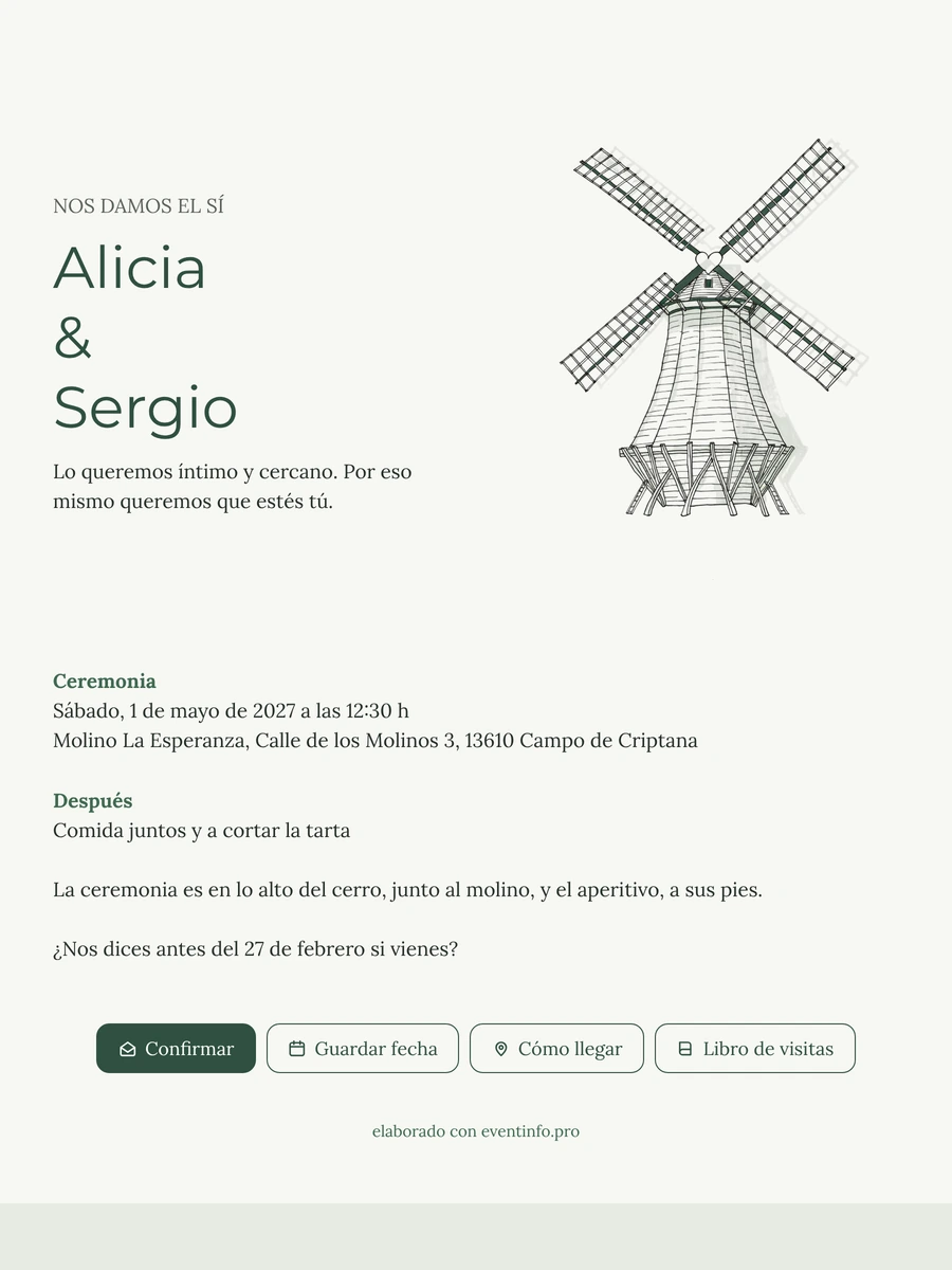 Invitación de boda verde con molino ilustrado