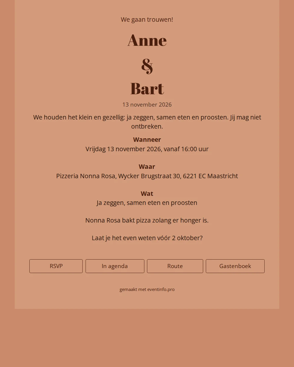 Aardse trouwkaart met chocoladebruine letters &ndash; example 1