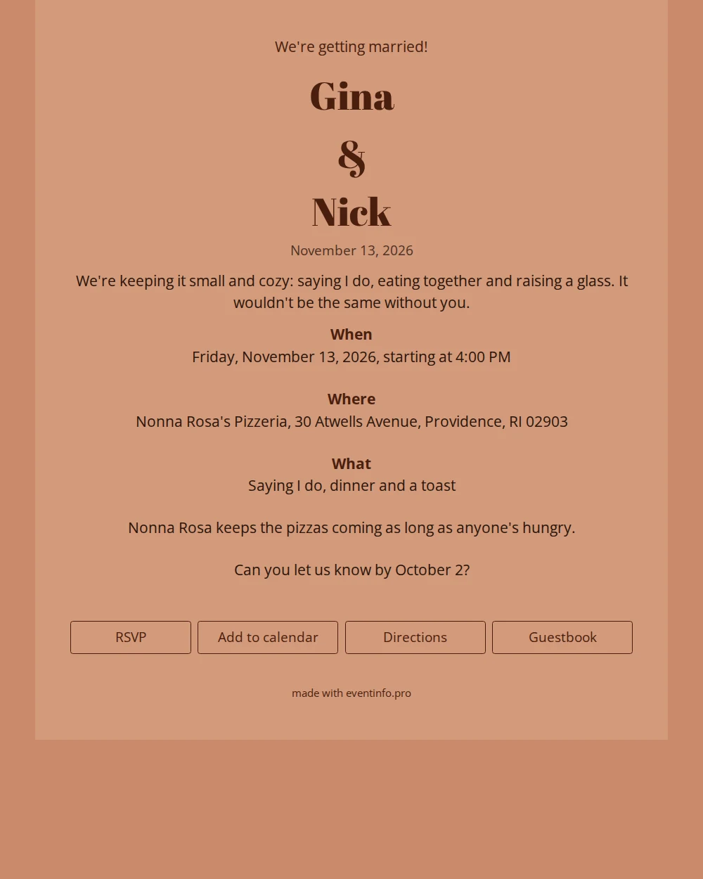 Earthy wedding invitation with bold chocolate lettering &ndash; example 1