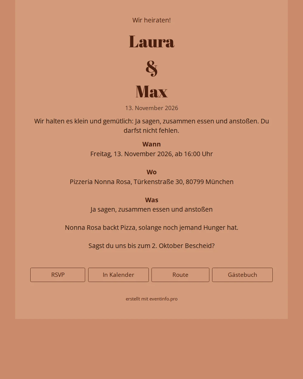 Erdige Hochzeitseinladung mit schokobraunen Namen &ndash; example 1