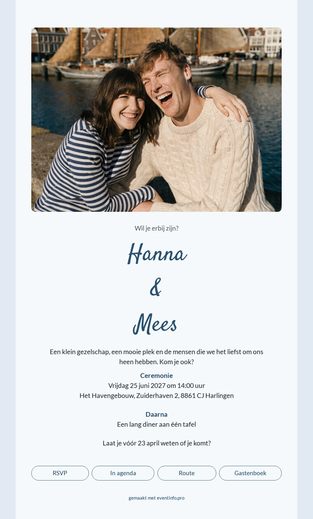 Trouwkaart voor een havenbruiloft in ijsblauw &ndash; example 1