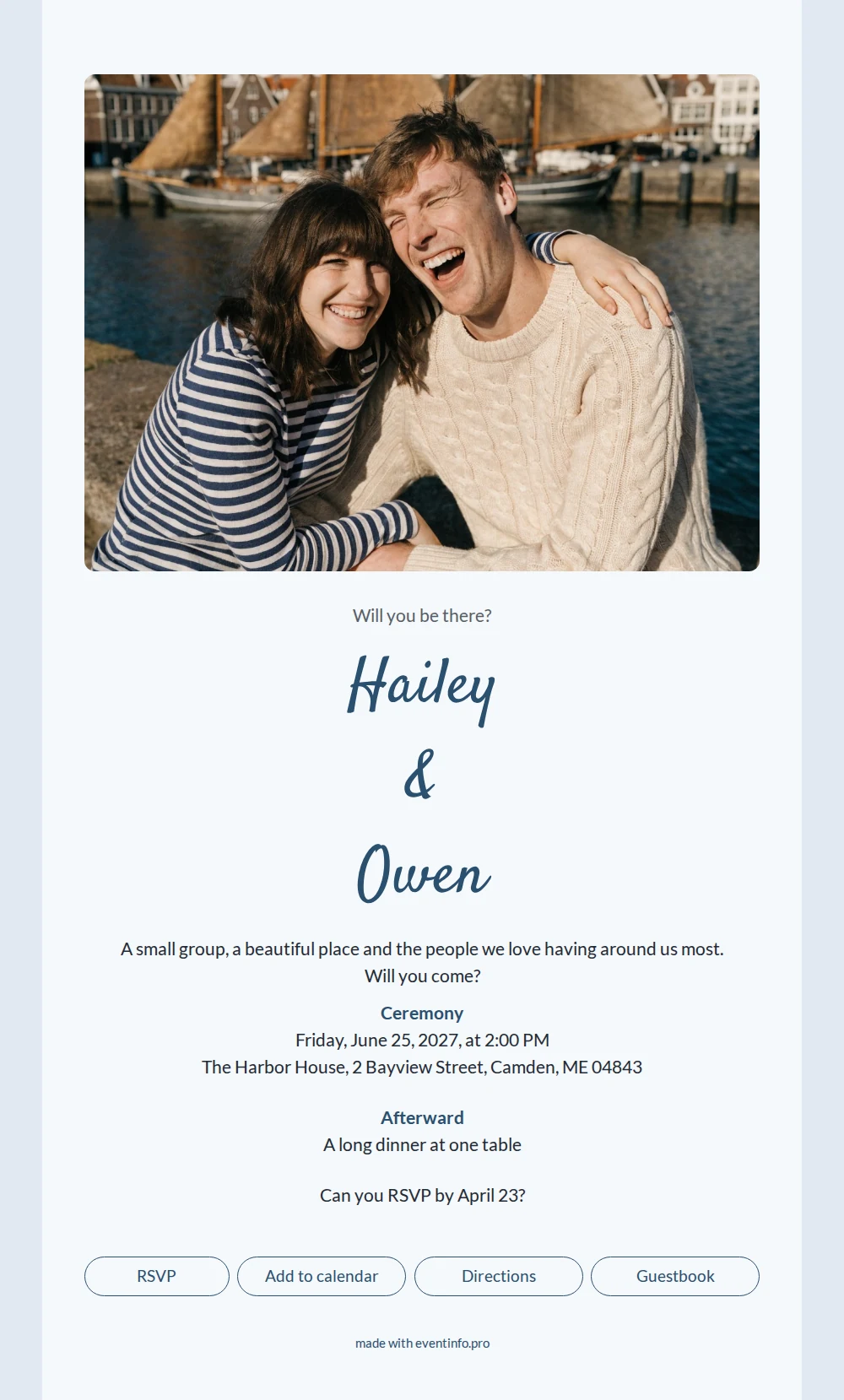 Waterfront wedding invitation with handwritten script &ndash; example 1