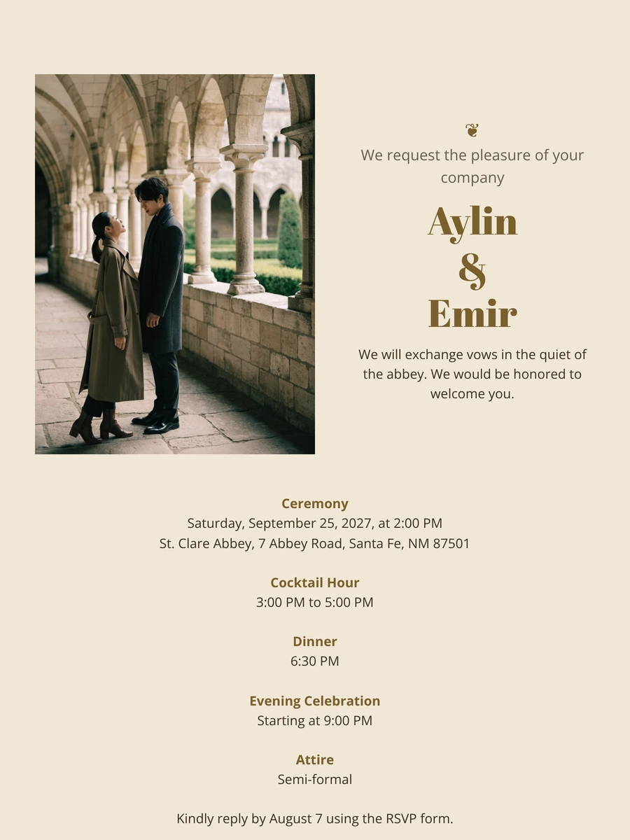 Classic wedding invitation with an abbey photo