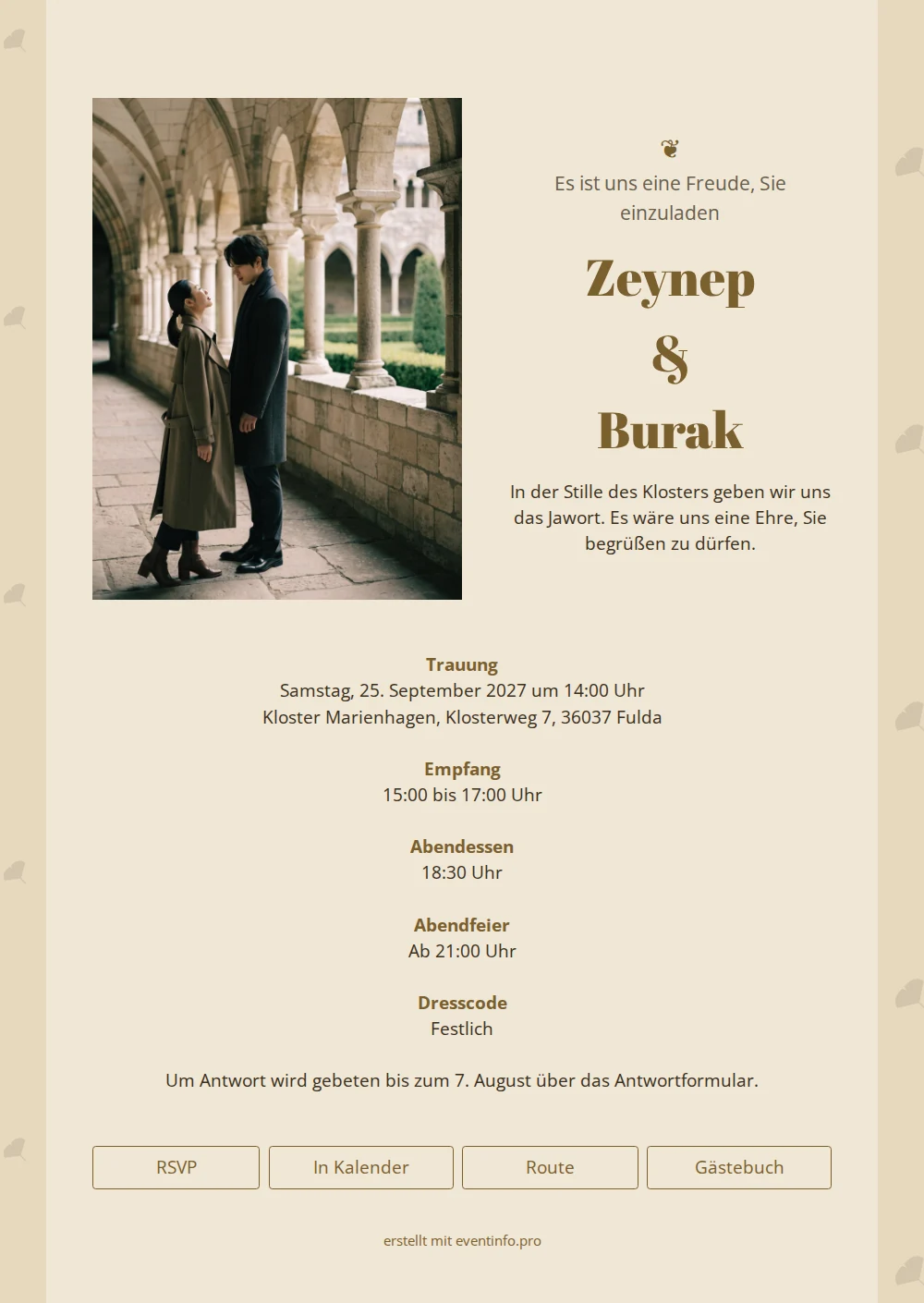 Klassische Hochzeitseinladung mit Bronze und Ginkgobl&auml;ttern &ndash; example 1
