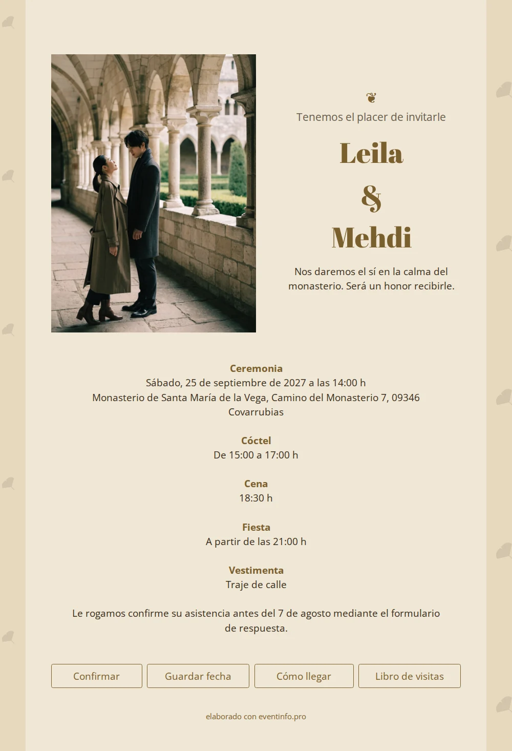 Invitaci&oacute;n de boda formal en tonos bronce &ndash; example 1