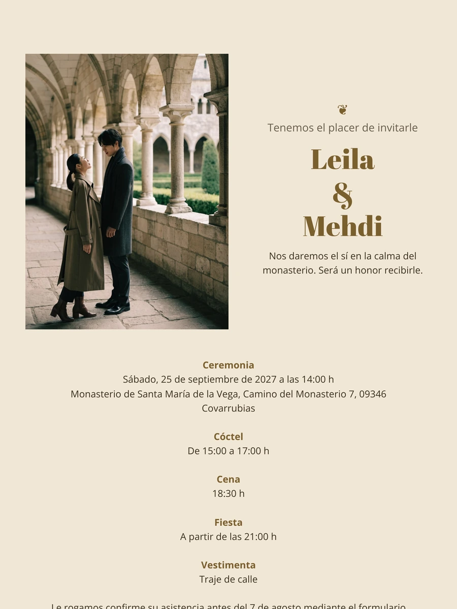 Invitación de boda formal en tonos bronce