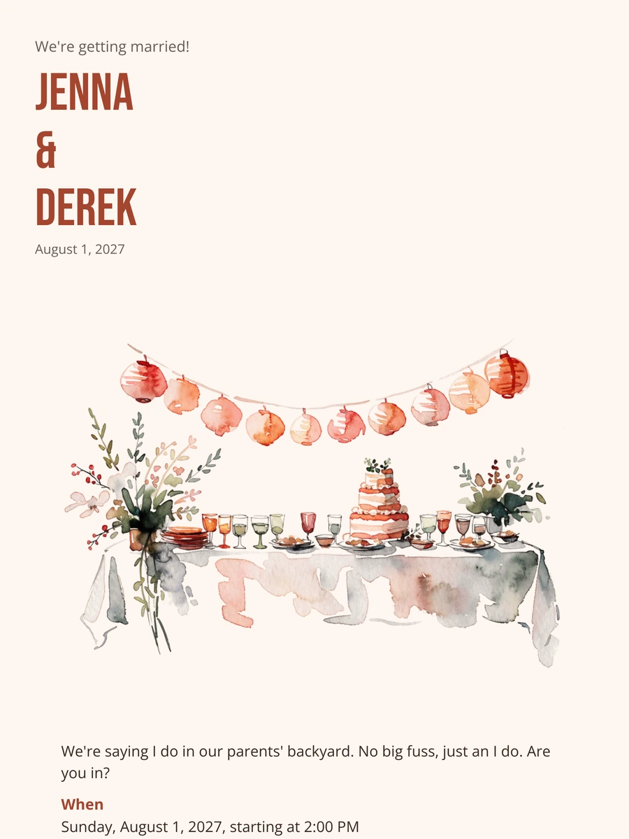 Summer wedding invitation with watercolor feast table