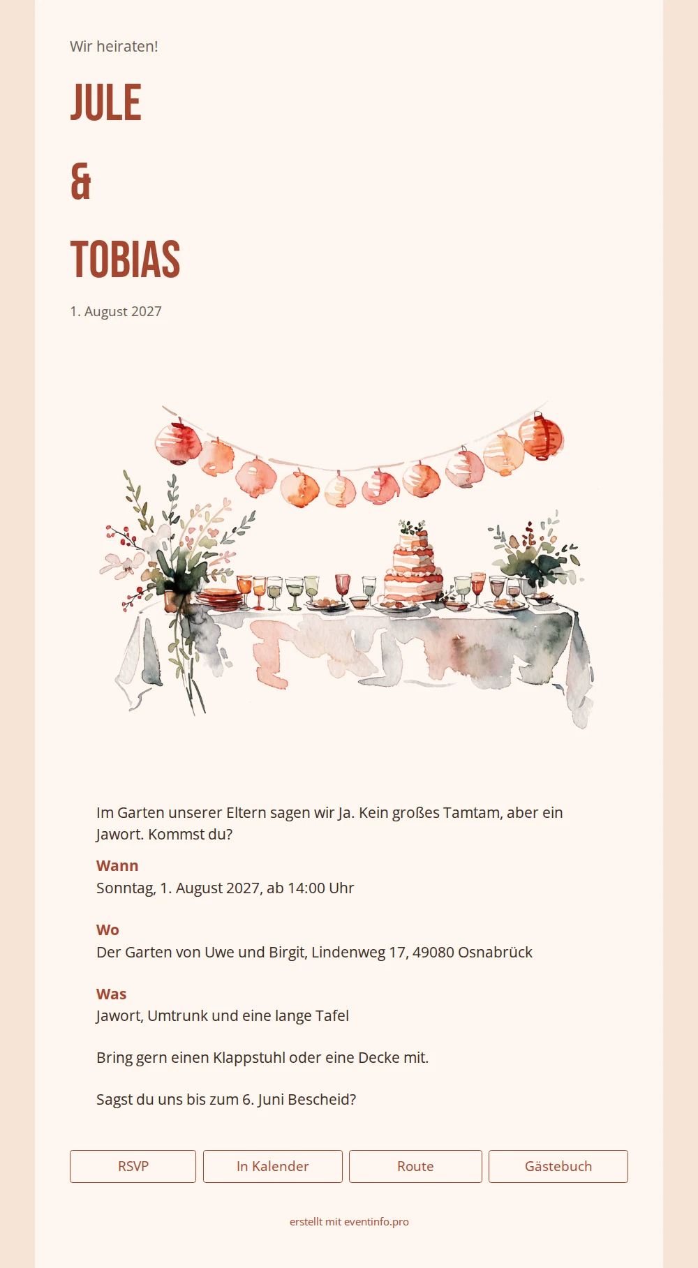 Sommerliche Hochzeitseinladung f&uuml;r die Gartenhochzeit versenden &ndash; example 1
