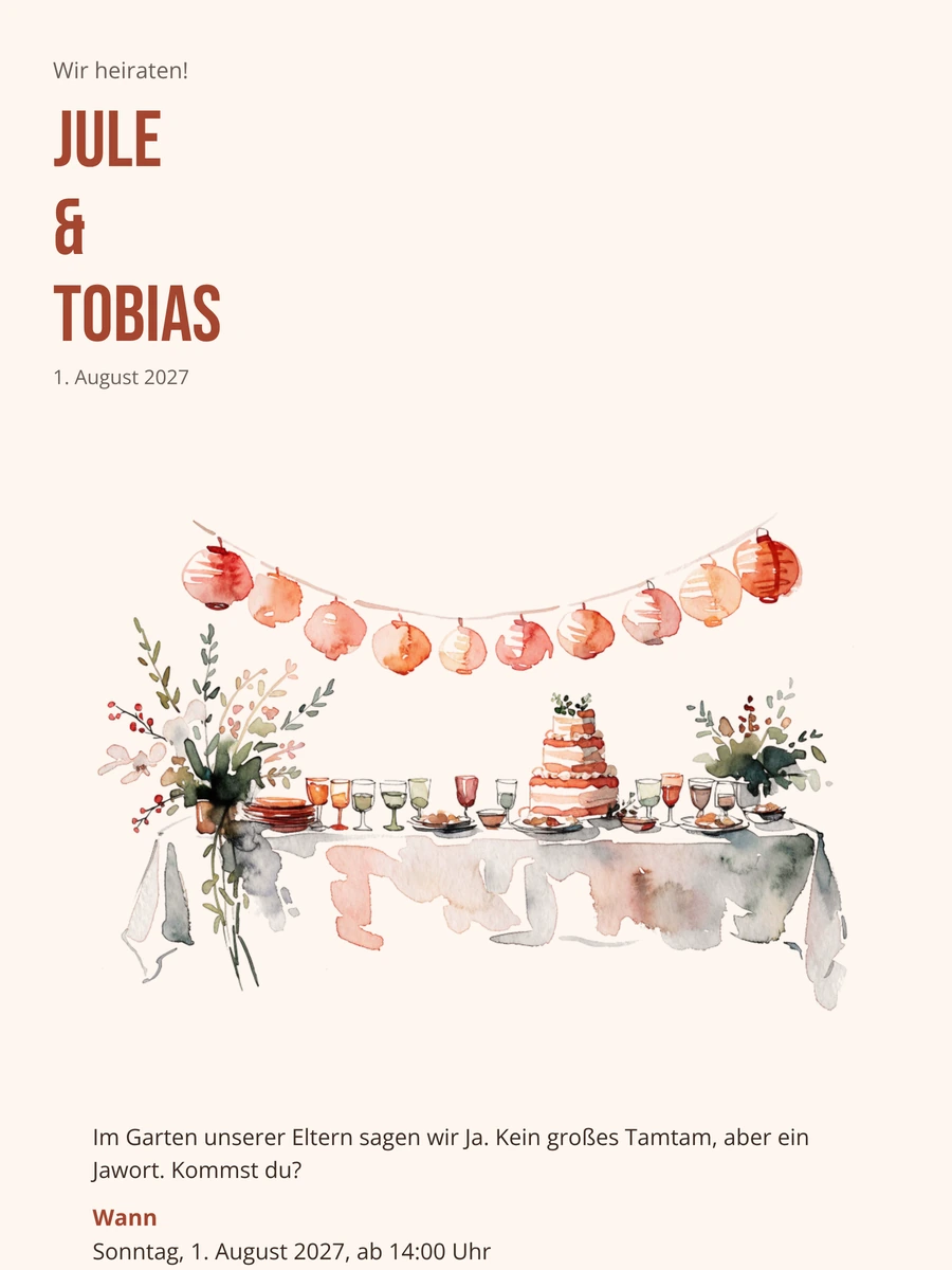 Sommerliche Hochzeitseinladung f&uuml;r die Gartenhochzeit versenden