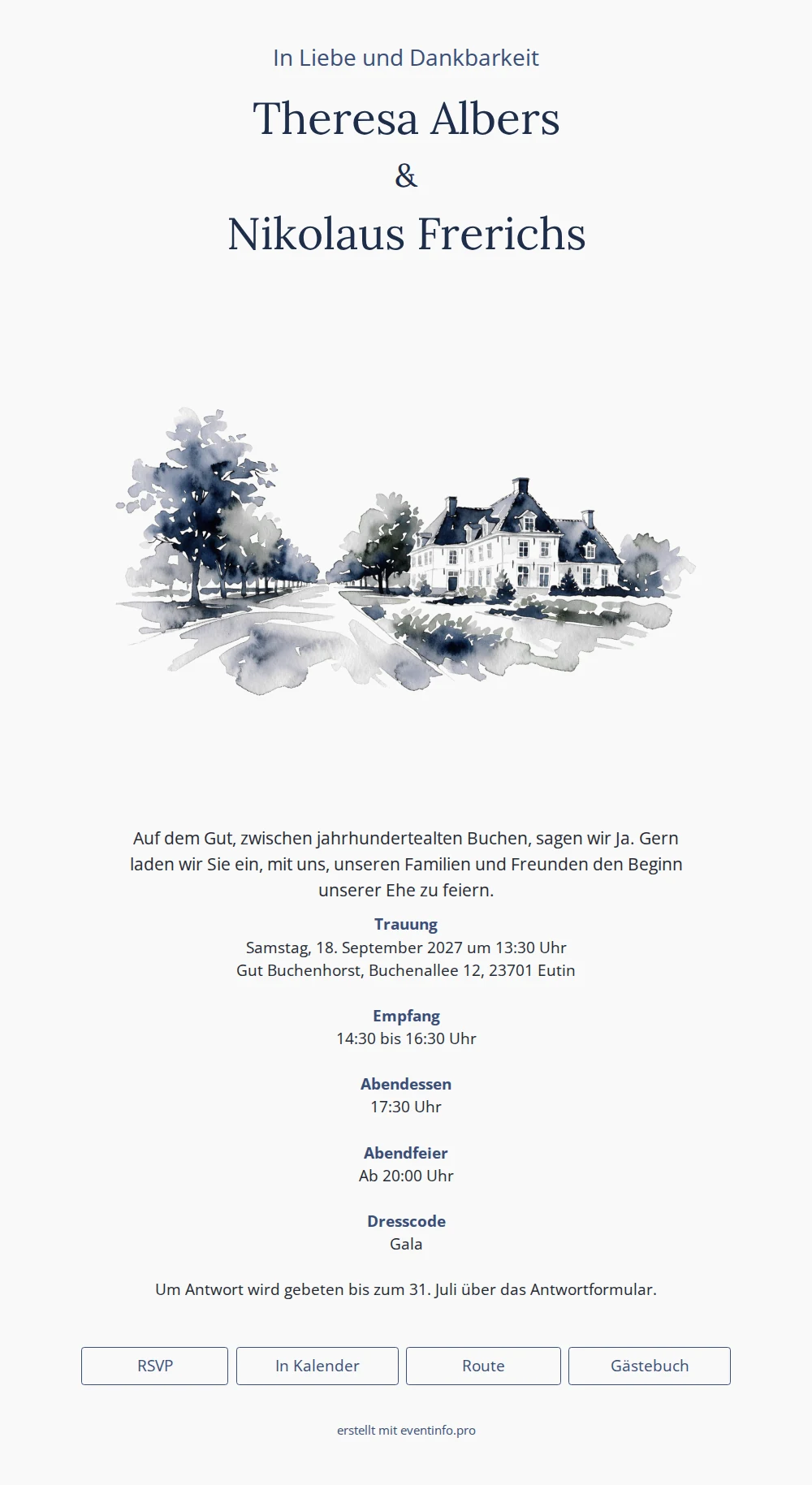 Formelle Hochzeitseinladung mit Landhaus-Aquarell erstellen &ndash; example 1