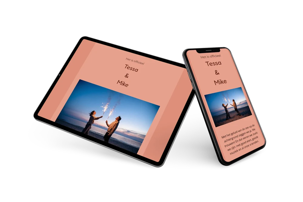 Trouwkaart met strandfoto en ronde letters &ndash; example 2
