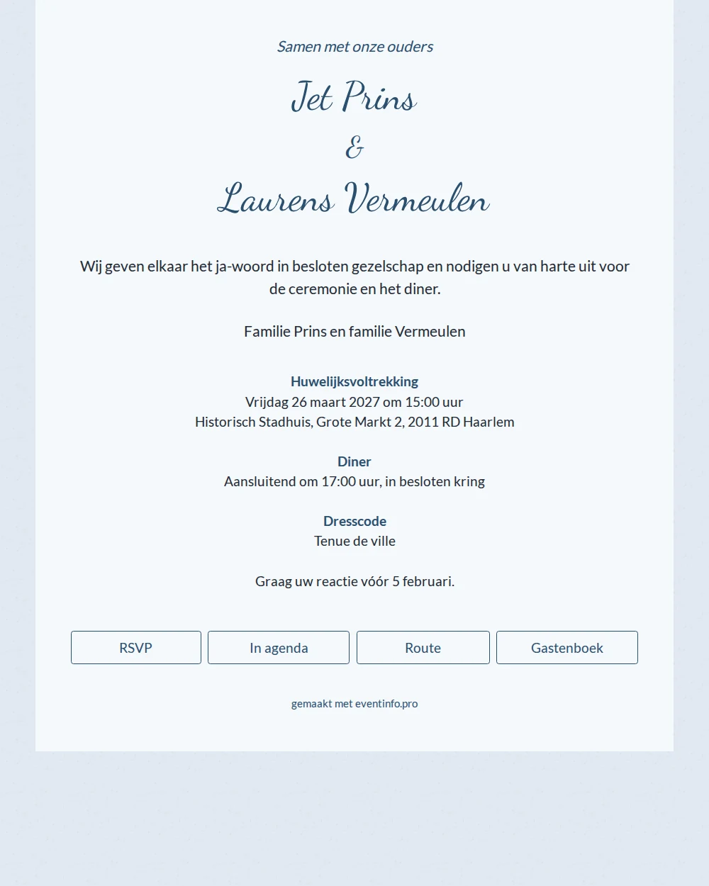 Blauwe trouwkaart op geschept papier versturen &ndash; example 1