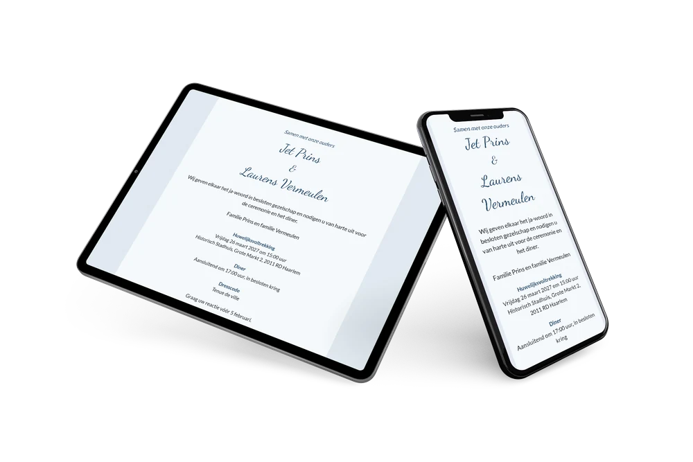 Blauwe trouwkaart op geschept papier versturen &ndash; example 2