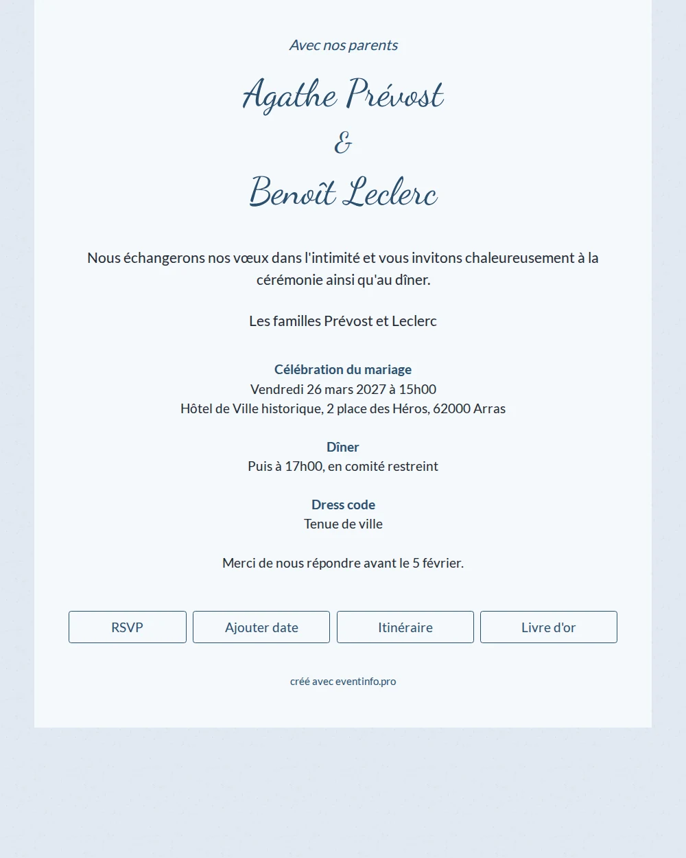 Envoyer un faire-part bleu aux noms calligraphiés &ndash; example 1