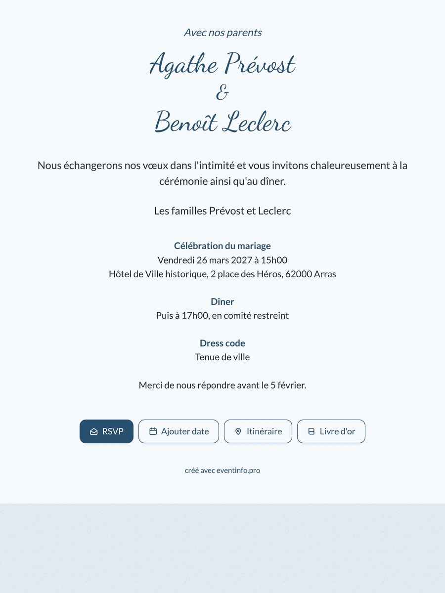 Envoyer un faire-part bleu aux noms calligraphiés