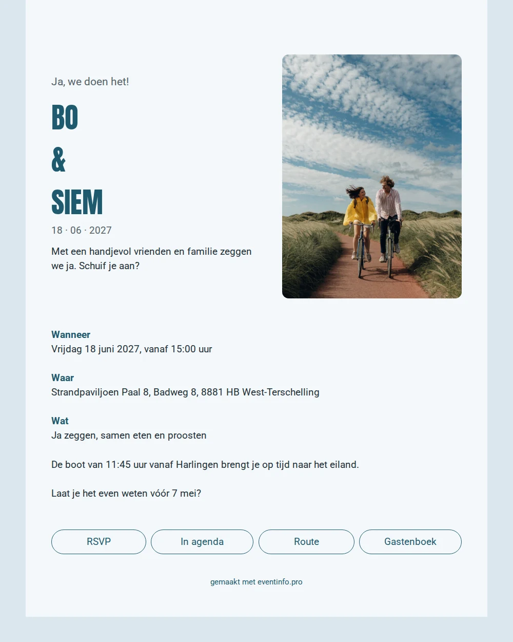 Trouwkaart in blokletters voor eilandbruiloft versturen &ndash; example 1