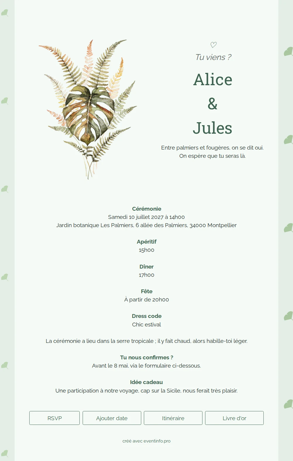 Envoyer un faire-part aux fougères aquarellées &ndash; example 1