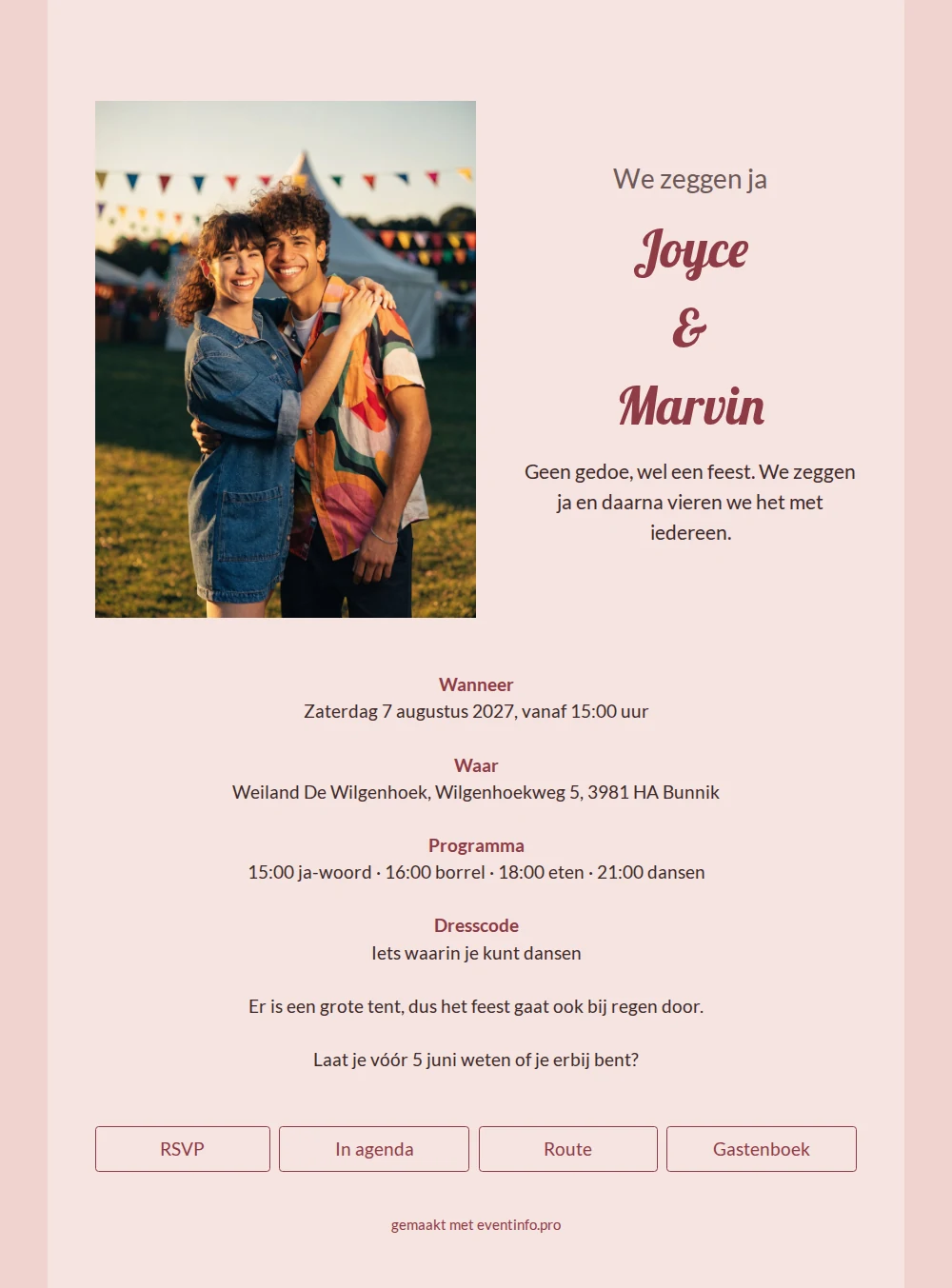 Vrolijke roze trouwkaart met dansfeest versturen &ndash; example 1