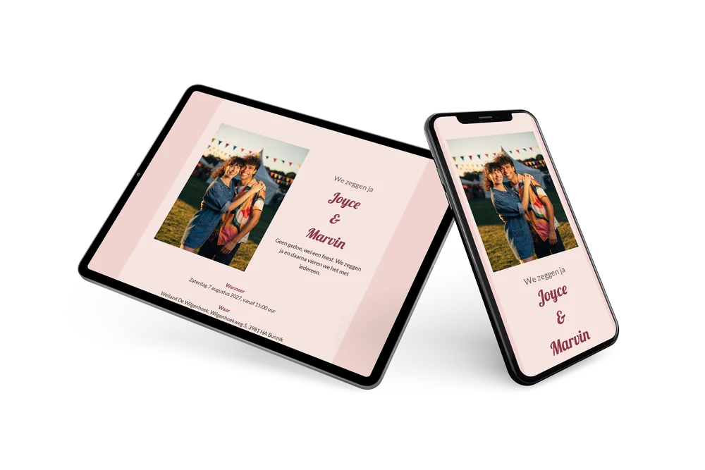 Vrolijke roze trouwkaart met dansfeest versturen &ndash; example 2