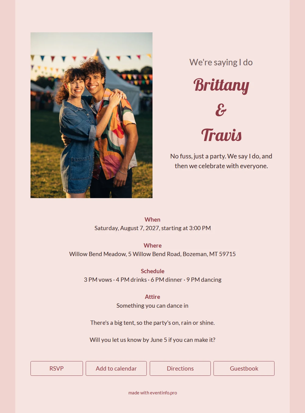 Send a pink wedding card with bunting &ndash; example 1