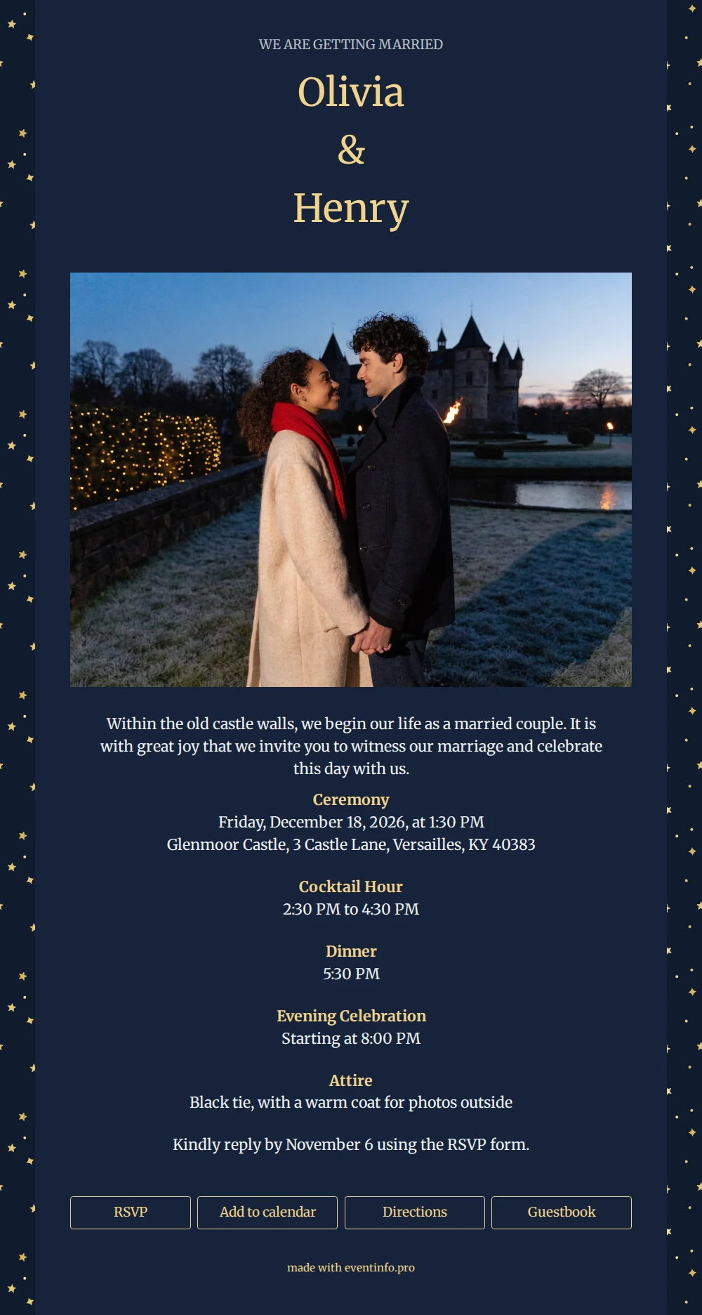 Send a starry winter wedding invitation &ndash; example 1